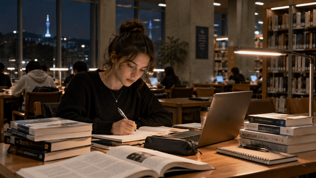 A student studying in a library at night, surrounded by books, a laptop, and a warm desk lamp illuminating her workspace.