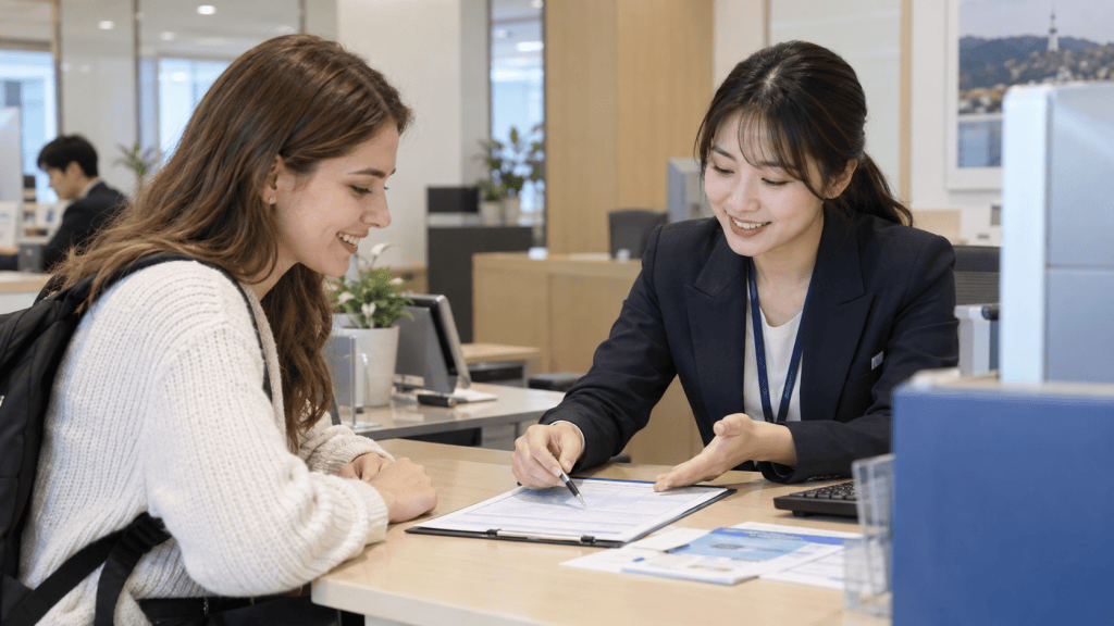 A bank representative assists a young woman with paperwork at a modern bank office, both smiling as they engage in conversation.