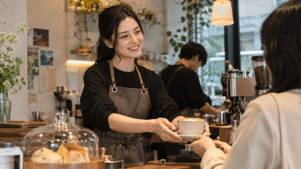 A barista handing a cup of coffee to a customer at a coffee shop, with another employee in the background.