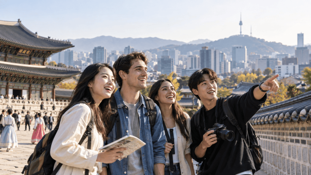 A group of four young adults enjoying a visit to a historic site in Seoul, smiling and taking photos with a cityscape and mountains in the background.