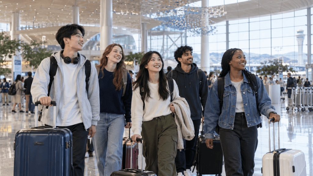 A group of five young travelers smiling and walking through a modern airport terminal, each carrying luggage.