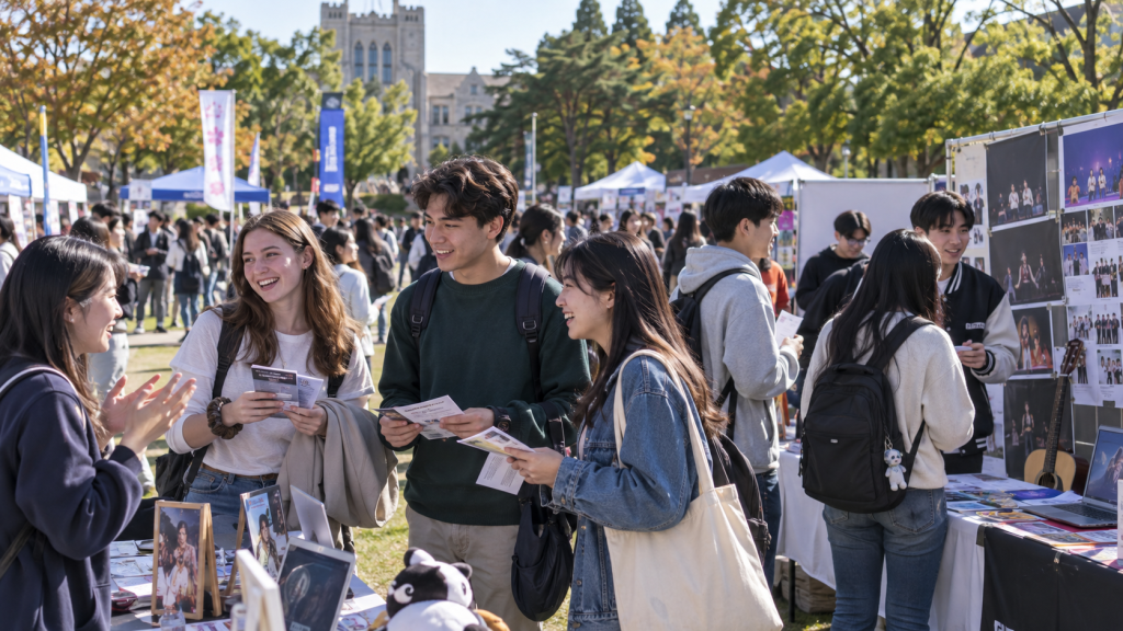 A group of students engage in conversation while holding flyers at a busy outdoor event, featuring booths and colorful banners, surrounded by other attendees.