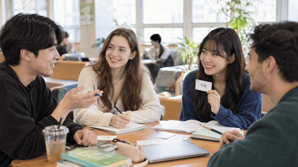 Four students engage in a lively discussion at a table, with notebooks and study materials scattered around. They are smiling and holding flashcards, indicating an interactive learning session in a bright, spacious environment.