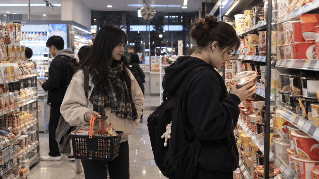 A woman holding a shopping basket examines a cup of noodles in an aisle filled with various packaged food items. Another person stands in the background, browsing the shelves.