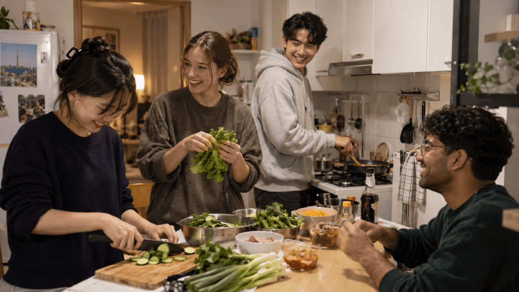 A group of four people joyfully cooking in a kitchen. Two women are preparing vegetables, while a man stirs a pot on the stove and another man is seated at the table enjoying the moment.