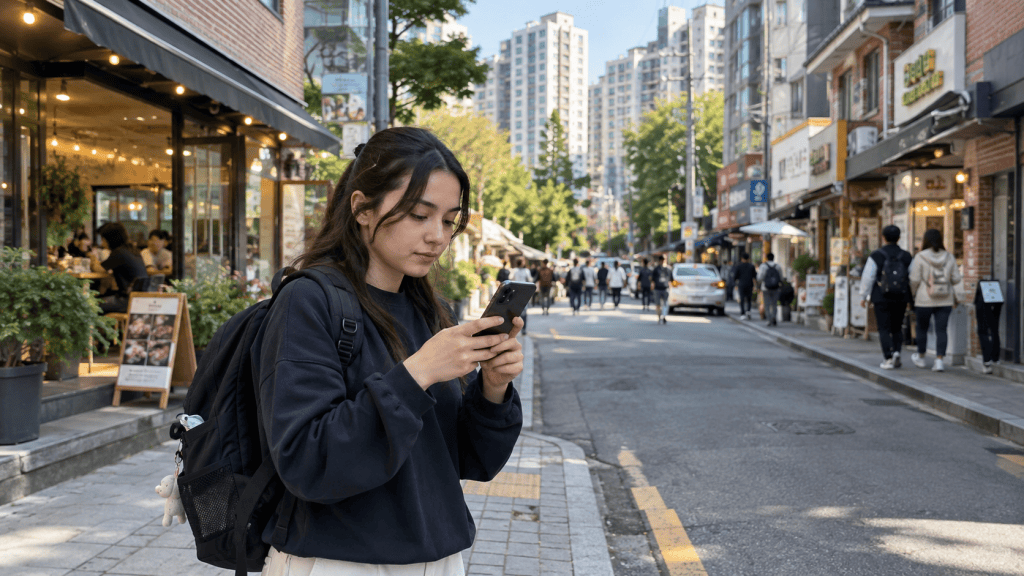 A young woman standing on a city street, looking at her smartphone, with a backpack and shops in the background.