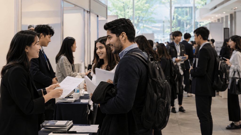 A professional networking event with several groups of people engaged in conversations. A woman is handing out papers to a man while two others smile nearby, and people are mingling in a bright, modern setting.