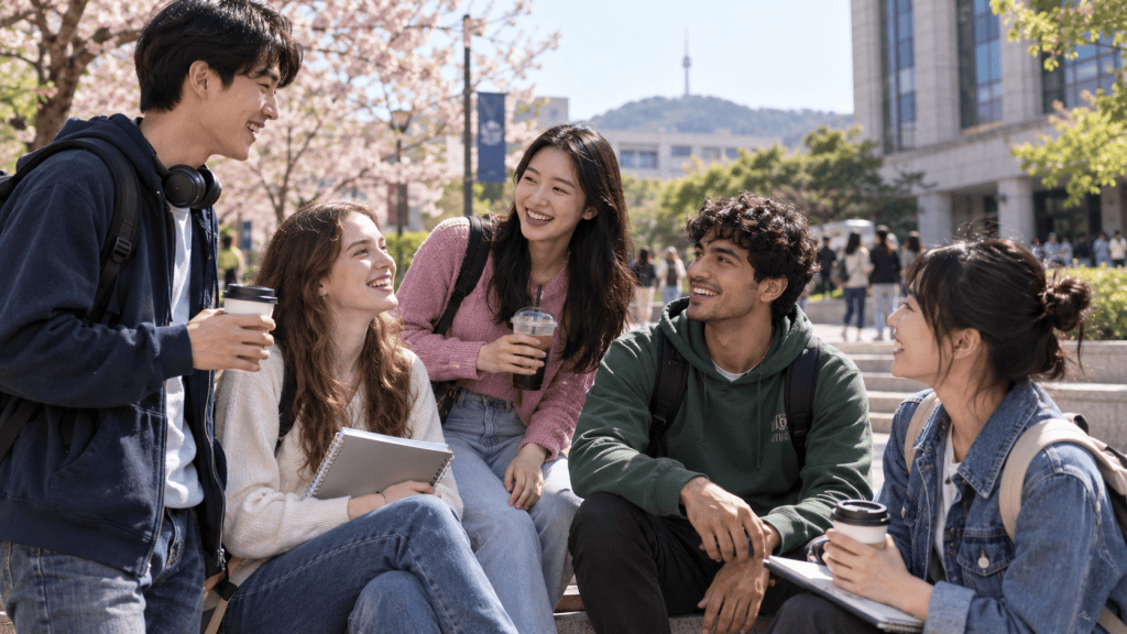 A group of five young adults smiling and chatting in an outdoor setting with cherry blossom trees. They are holding coffee cups and notebooks, enjoying a sunny day at a university campus.