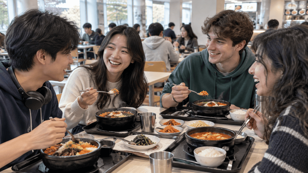 A group of four young people enjoying a meal together in a cafeteria, sharing laughter and food served in traditional bowls. The table is filled with various dishes, reflecting a lively dining atmosphere.