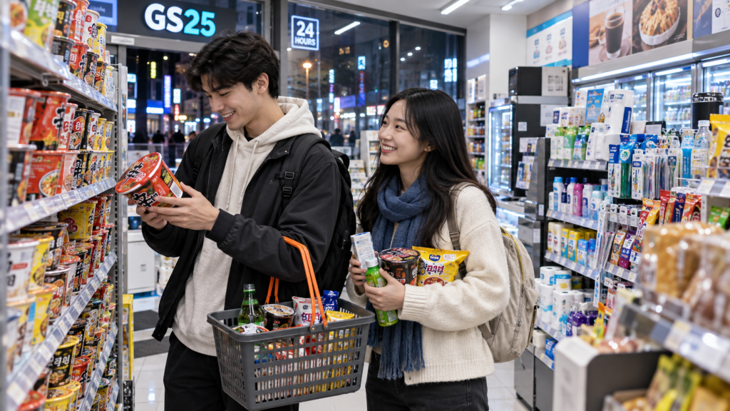 A young man and woman shopping in a convenience store, looking at instant noodles on the shelves. The man is holding a package and smiling, while the woman carries snacks and drinks in her arms.