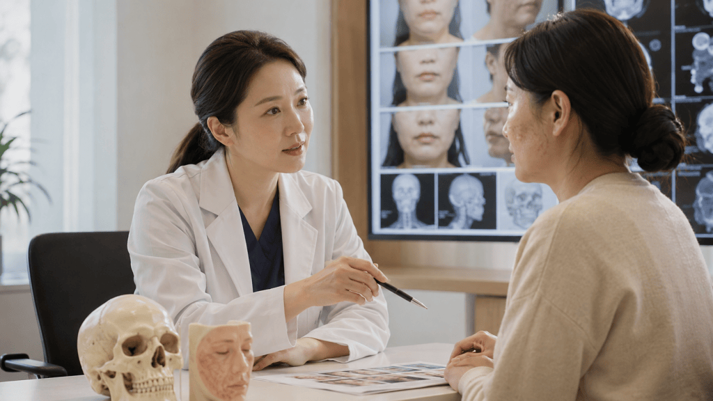 A doctor in a white coat discusses treatment options with a female patient in an office setting, with anatomical models and medical images in the background.