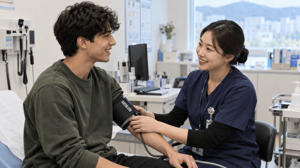 A healthcare professional taking a young man's blood pressure in a modern clinic setting.