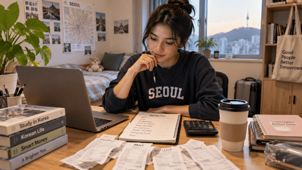A young woman studying at a desk with a laptop, notebooks, and receipts, surrounded by plants and city views, while holding a pen and reviewing her monthly plan.