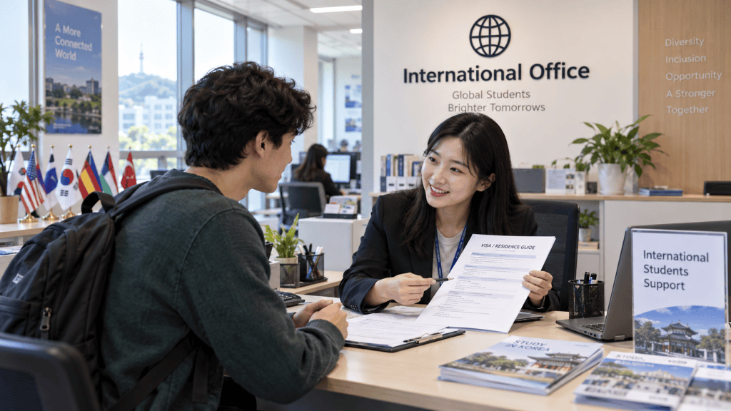 A student with a backpack sits at a table discussing with a staff member at an International Office, surrounded by flags from various countries and informational materials about international student support.