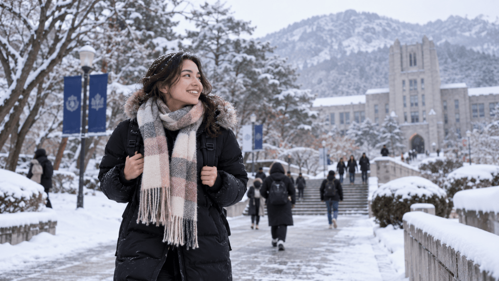 A smiling young woman wearing a winter coat and a patterned scarf stands on a snow-covered path, with a university building and mountains in the background. Other people are walking in the snowy surroundings.