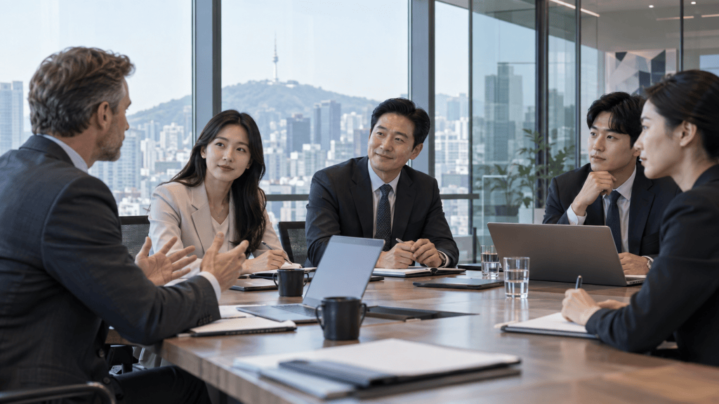 A diverse group of five professionals engaged in a meeting around a conference table, with city skyline visible through large windows.