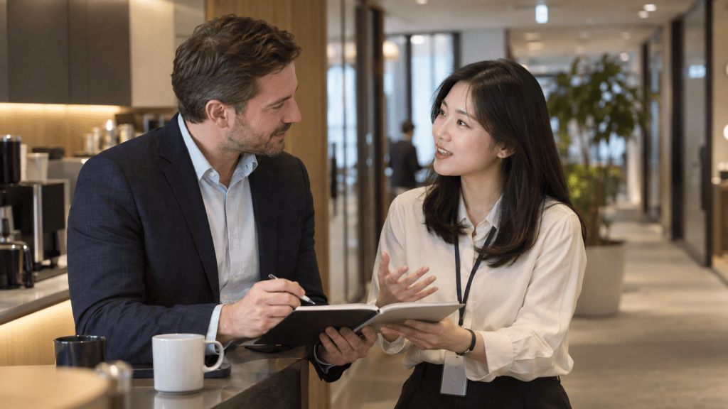 A man and woman engaged in a conversation at a modern office, with the man taking notes in a notebook while the woman gestures as she speaks.