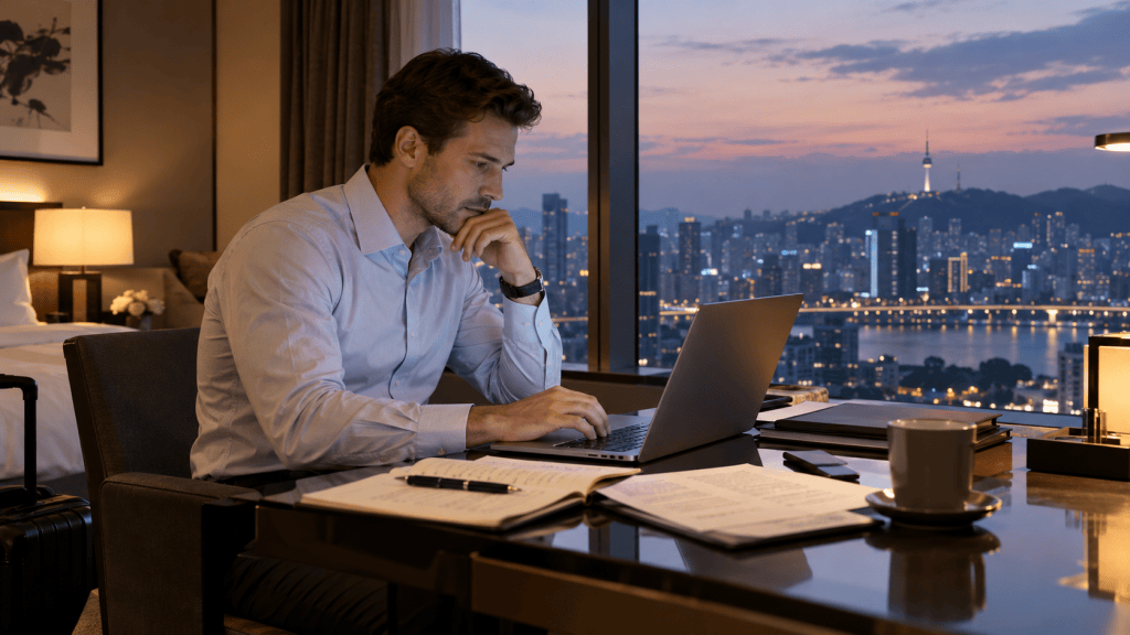 A man working on a laptop at a desk in a hotel room, with a city skyline view at dusk. A coffee mug and notebooks are on the desk.