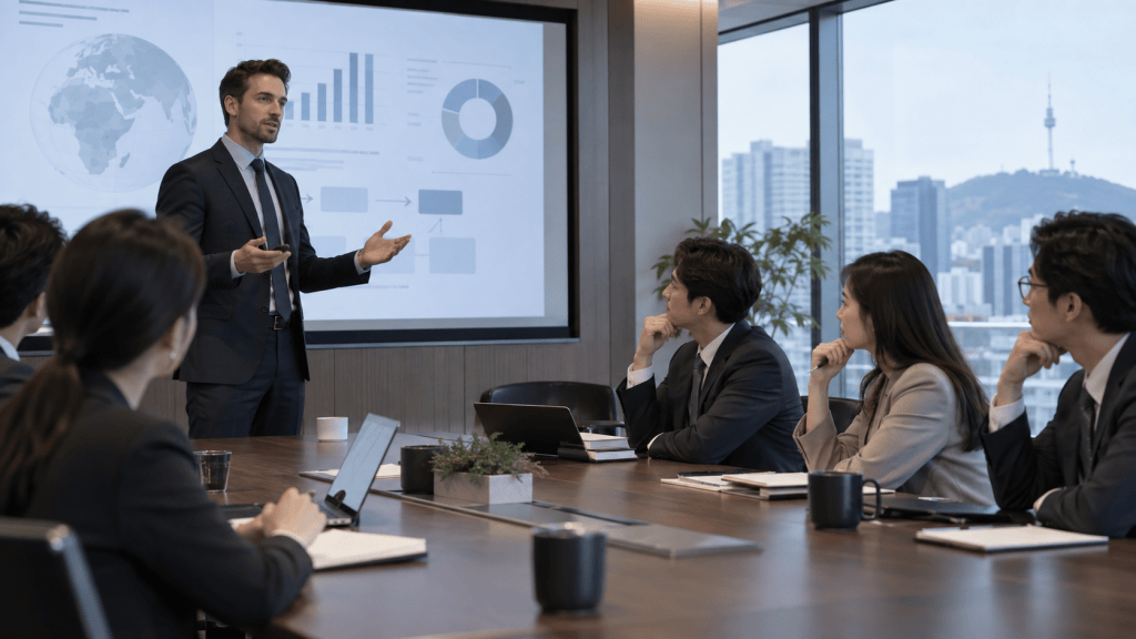 A business meeting in a modern conference room, where a presenter is delivering a speech in front of a screen displaying graphs and charts. The audience, consisting of professionals in formal attire, is attentively listening.