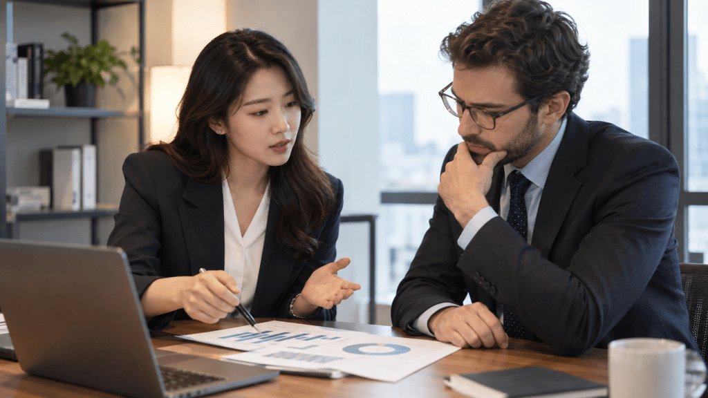 A business woman discusses data with a man in an office setting, pointing at a report with graphs, while he listens thoughtfully.