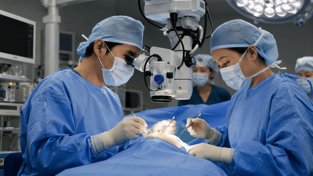 Surgeons performing a procedure in an operating room, using a microscope, wearing blue surgical scrubs and masks.