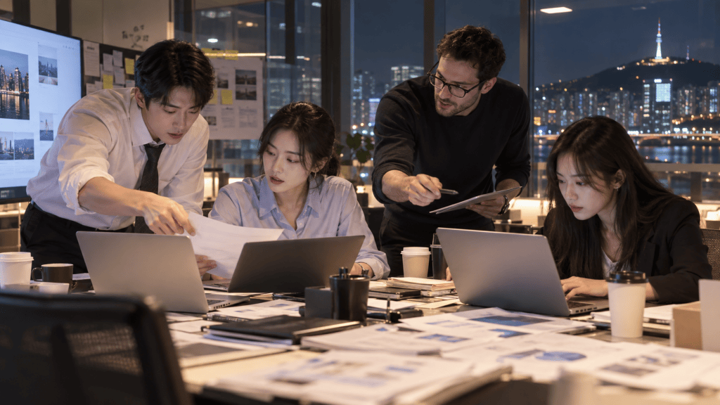 A group of four professionals collaborating in a modern office setting at night, reviewing documents and discussing ideas around laptops and a large screen with city views in the background.