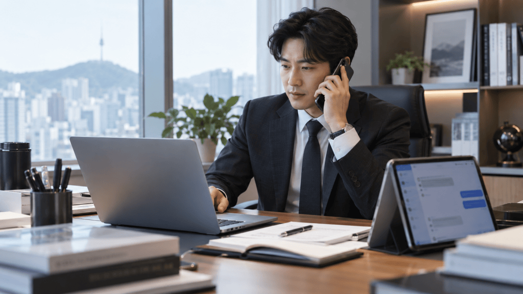 A businessman in a suit sits at a desk, talking on a phone while working on a laptop. The office has large windows showing a city skyline and a plant nearby.