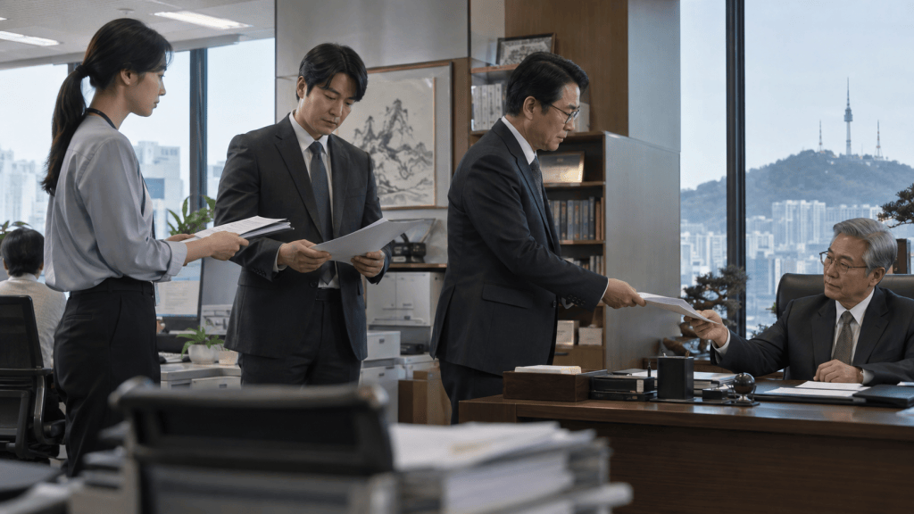 A group of four business professionals engaged in a discussion in an office setting, with a city skyline visible through the window. One woman is handing over documents to a man, while another man observes. A senior man is seated at a desk, receiving the papers.