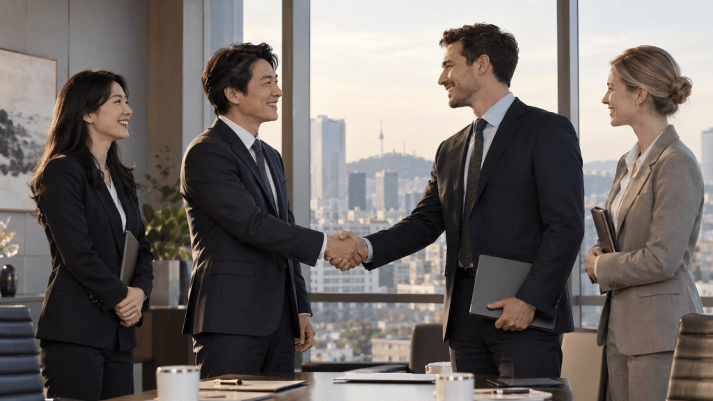 Two business professionals shaking hands in an office with a cityscape view, while two colleagues observe and smile.