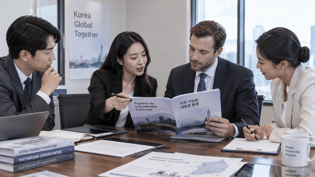 A diverse group of four professionals engaged in a business discussion around a conference table, reviewing a document titled 'Together for a Sustainable Tomorrow'.
