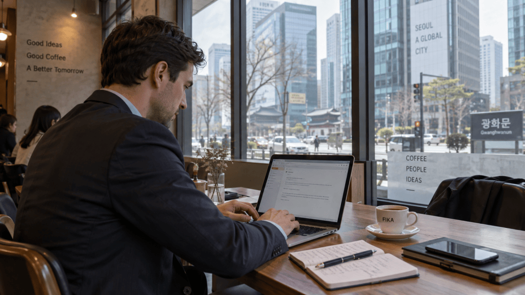 A man in a suit working on a laptop in a cafe with large windows showcasing a city view. On the table are a notebook and a coffee cup. The cafe features motivational signs and modern decor.