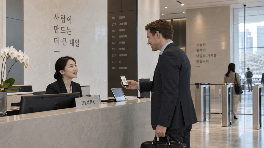 A business professional checks in at a modern hotel reception desk, smiling and holding a smartphone, while a receptionist assists him. Background features lobby decor and signage.