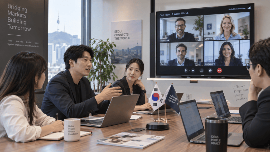A group of professionals in a modern conference room discussing via video call. The screen shows team members from various cities including New York, London, Berlin, and Singapore. There are flags and notes on the table emphasizing collaboration and diverse perspectives.