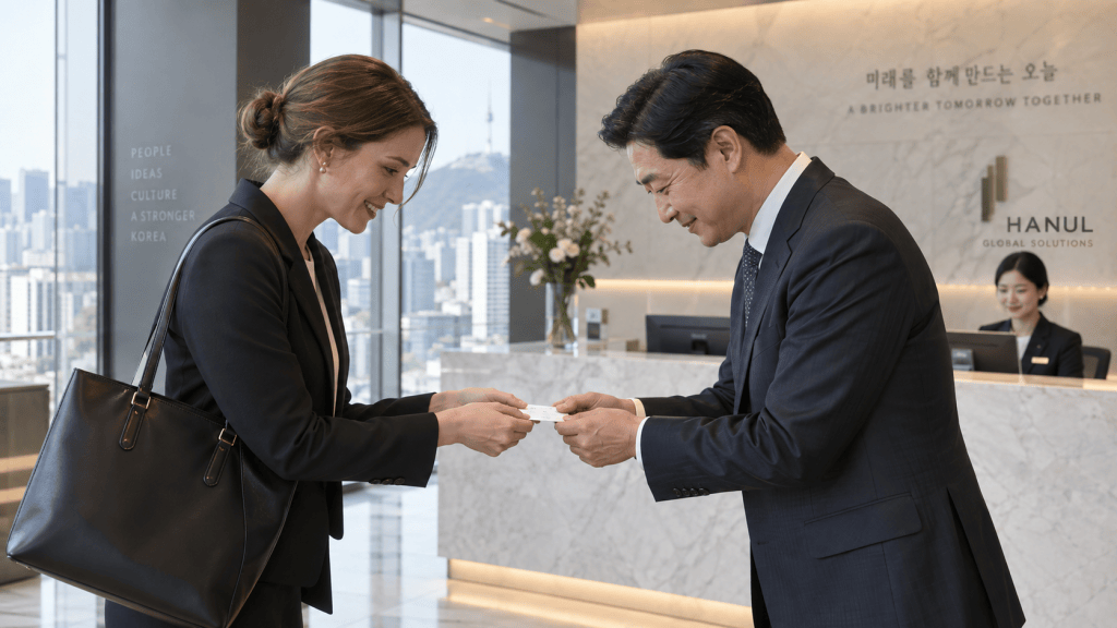 A smiling woman in a business suit hands over a card to a man in a suit in a modern office reception area, with a woman at the reception desk in the background.