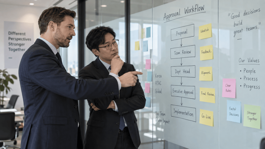 Two business professionals discussing an approval workflow diagram on a glass wall, surrounded by sticky notes in a modern office environment.