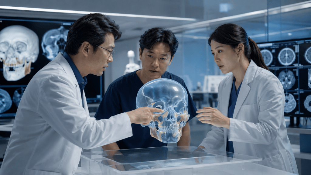 Three healthcare professionals examining a transparent skull model in a modern medical lab, with digital displays of skull and brain scans in the background.