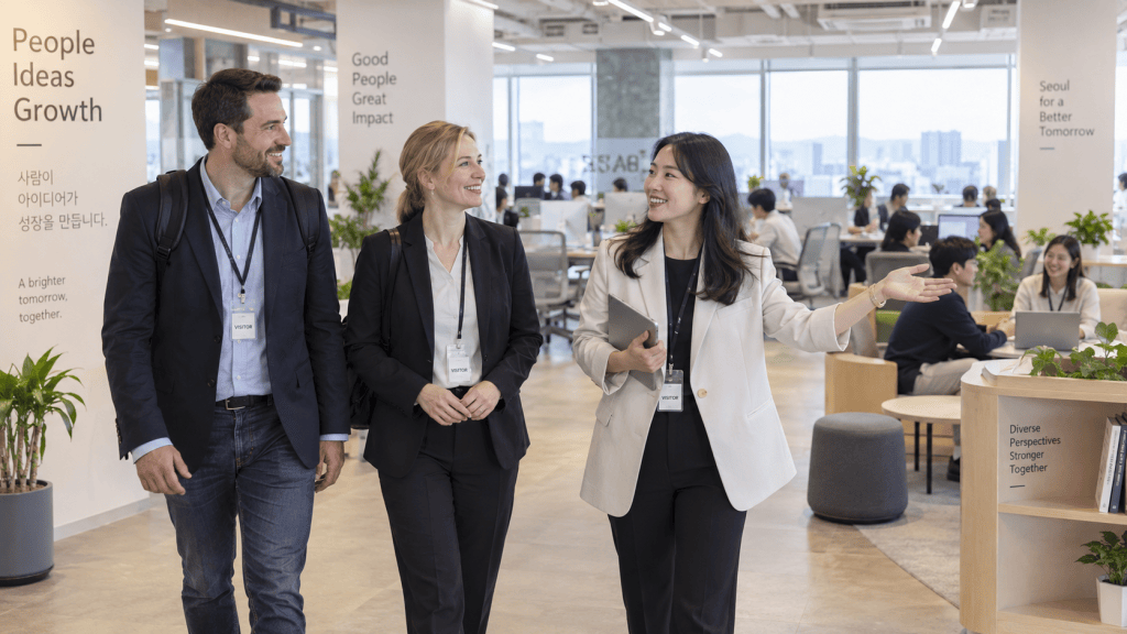 Three professionals walking through a modern office environment with motivational quotes on the walls, engaged in conversation.