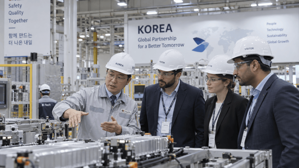 A group of visitors, including a man in a gray jacket and glasses, is guided by a speaker in a factory setting, looking at machinery. The background features signs about safety, quality, and a partnership for a better future.
