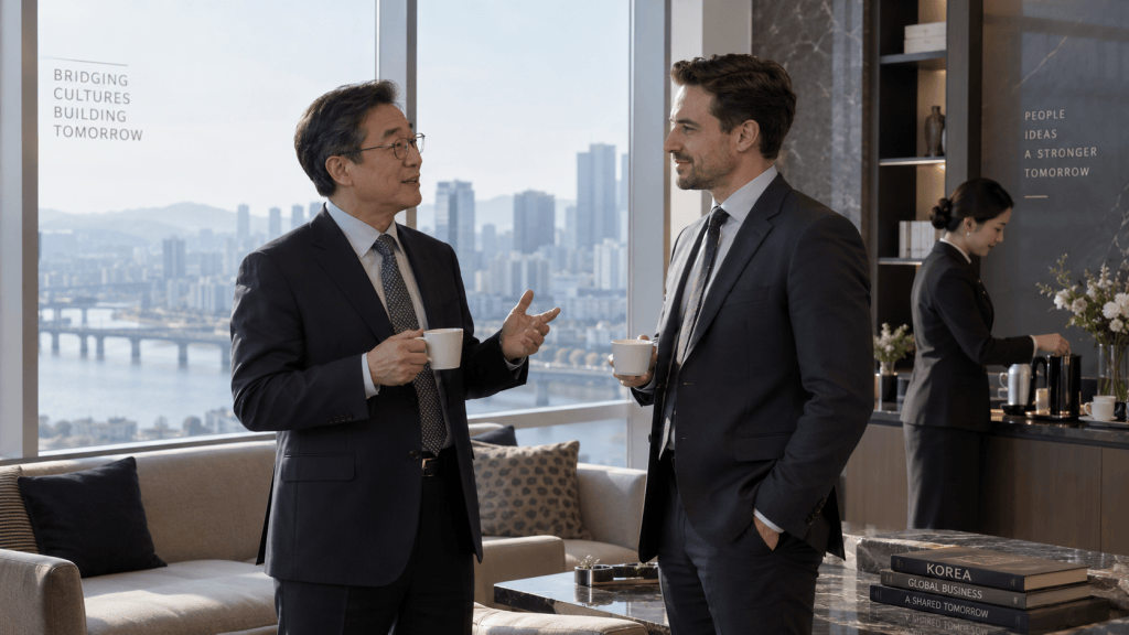 Two businessmen having a conversation in a modern office with a city skyline view, one holding a coffee cup, while a woman prepares drinks in the background.