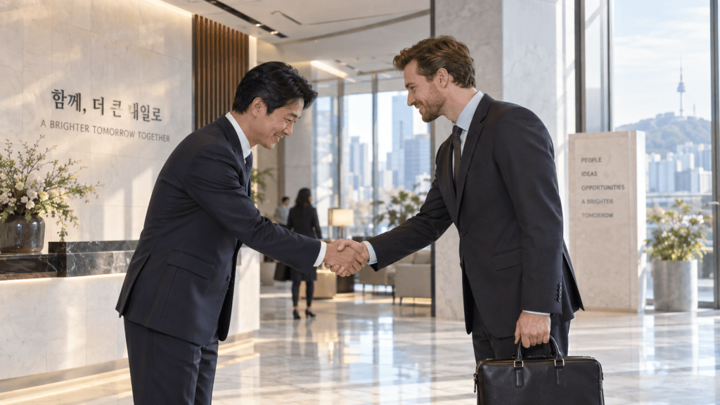 Two business professionals shaking hands in a modern office lobby, with a large window showing a cityscape in the background.