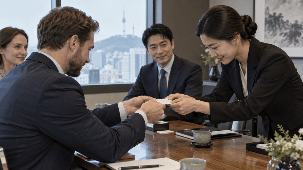 A business meeting scene where a man and a woman exchange business cards at a conference table, with two additional colleagues observing, and a city view in the background.