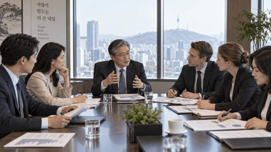 A group of five professionals in formal attire engaged in a business meeting around a table, discussing documents with a cityscape view in the background.