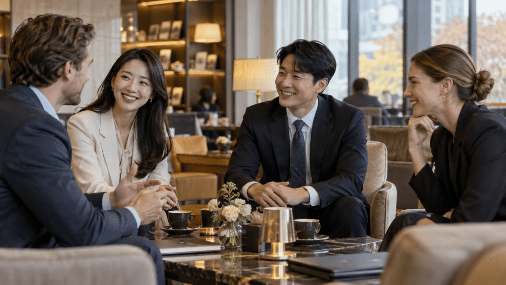A diverse group of four professionals engaged in conversation over coffee in a modern, upscale setting. The atmosphere is relaxed and friendly, showcasing a blend of business attire and smiles.