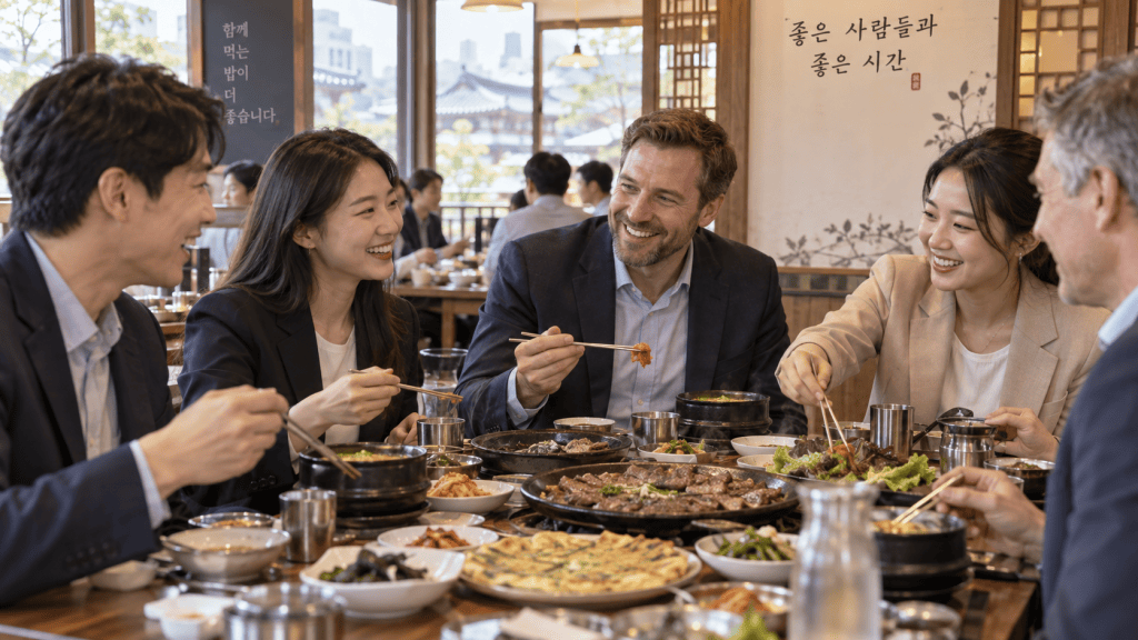 Group of five people sitting around a table enjoying a meal, sharing dishes in a lively restaurant setting.