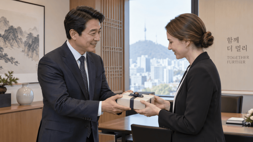 A businessman in a suit presents a gift box to a woman in a blazer in an office setting with a city view and decorative elements.