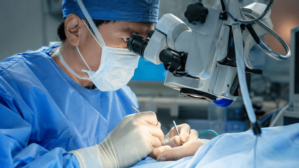 Surgeon in blue scrubs performing a delicate procedure under a surgical microscope in an operating room.