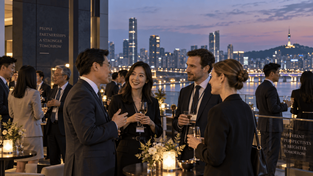 A group of professionals engaged in conversation at a rooftop event, with a city skyline at sunset in the background.