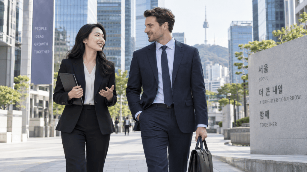 Two professionals walking together in a modern urban setting, smiling and engaged in conversation. The woman is wearing a black suit and holding a tablet, while the man is dressed in a navy suit and carrying a briefcase. Skyscrapers and greenery are visible in the background.