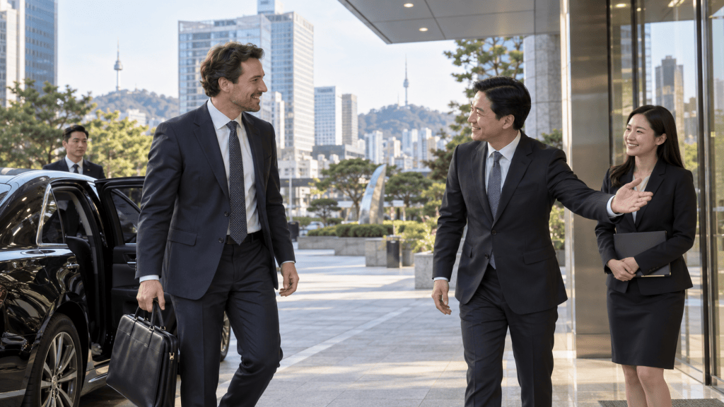 A businessman in a suit arriving at a corporate building, interacting with two professionals who are welcoming him. The background features a cityscape and greenery.