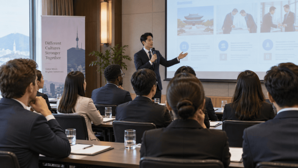 Business presentation in a conference room with a speaker addressing an audience. A screen displays information related to cultural collaboration, with a city view in the background.